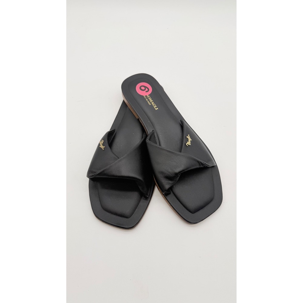 Bruno Magli Francis Black Leather Cross Strap Square Toe Slide Sandals Italy 6